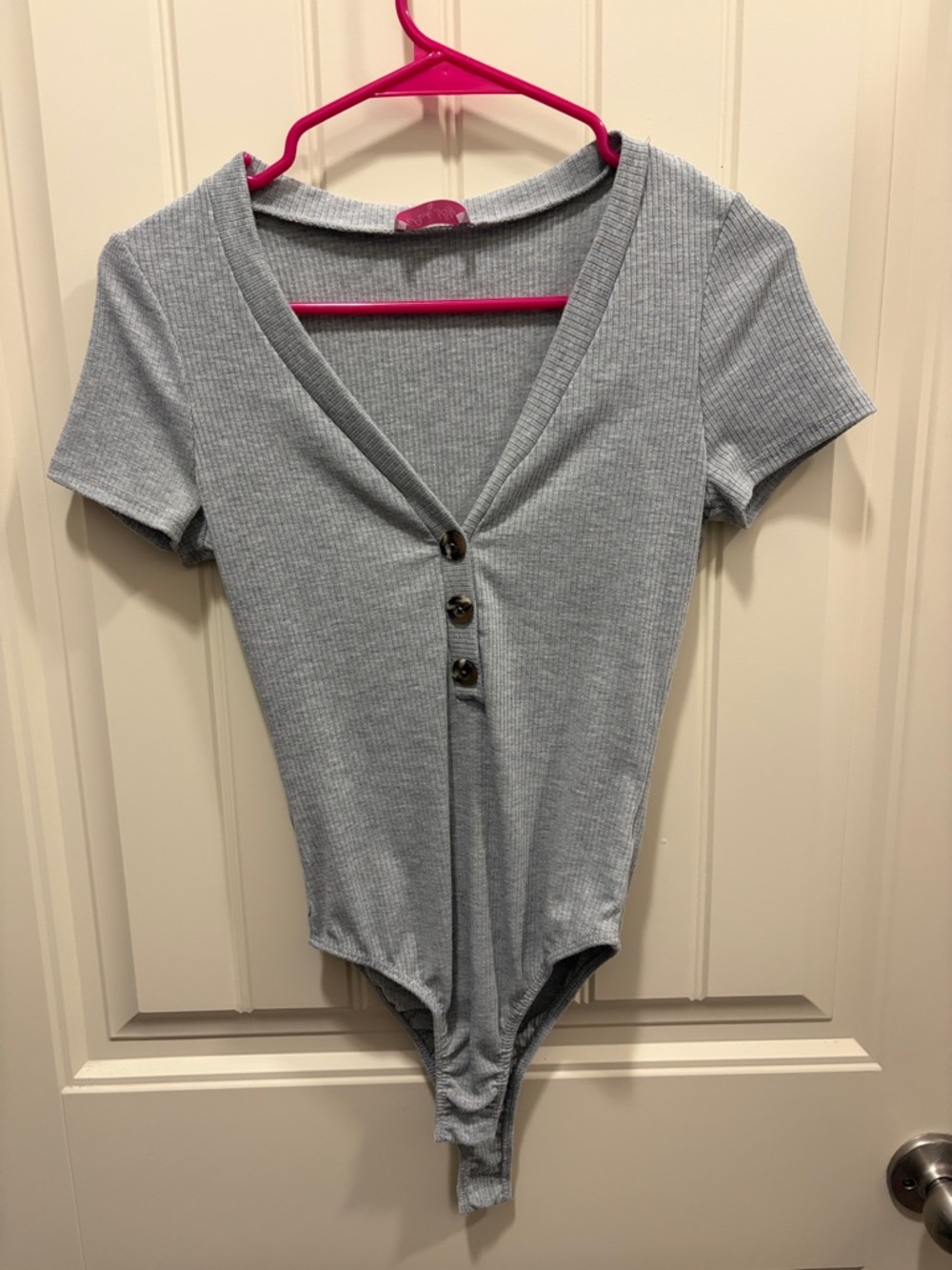 Pink Lily Light Blue Ribbed V-Neck Button Front Bodysuit